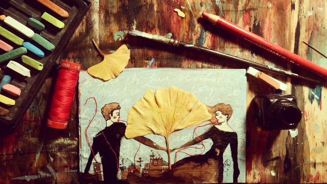 I DUE GINKGO - ink, coffee, ginkgo biloba, red thread, word on paper *SOLD*