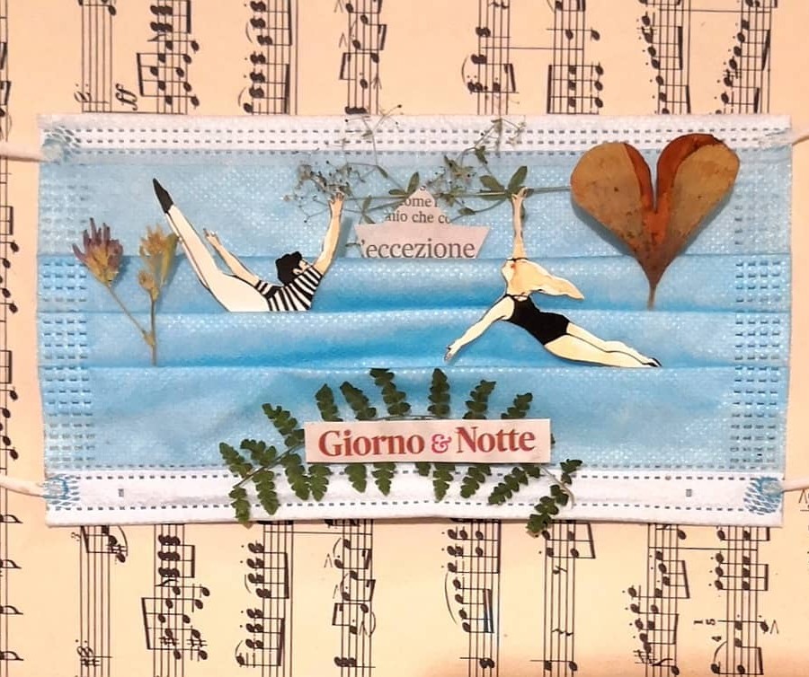 L'AMORE AI TEMPI DELLA PANDEMIA / com'è profondo il mare . collage su mascherina chirurgica . 2020
